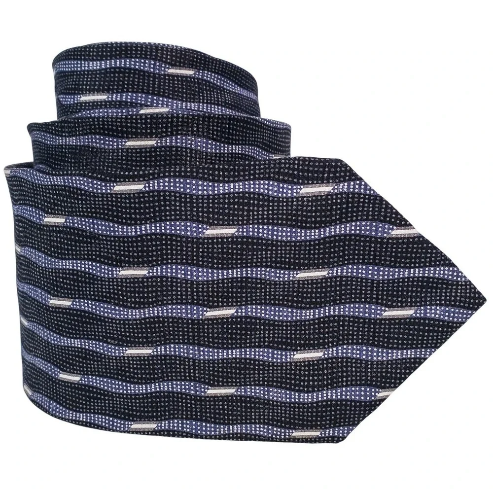 Paco Rabanne Paris Men's 100% Silk Necktie Italy Blue/black Wavy Stripe EUC